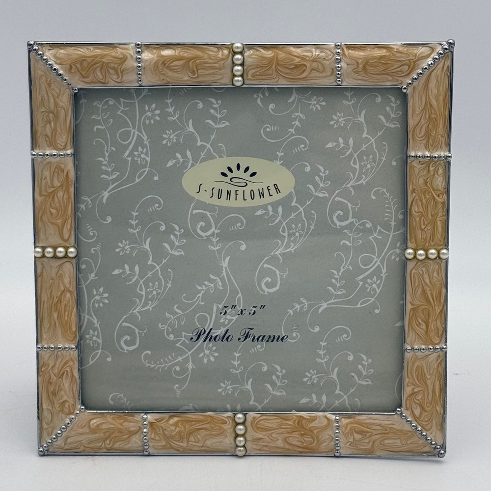 Sunflower Designs 5x5 Photo Frame Cream  Marbled Enamel Faux Pearl Silver Trim